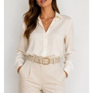 Vince Camuto Belt Women L Beige Faux Leather Gold Buckle Wide Waist Belt